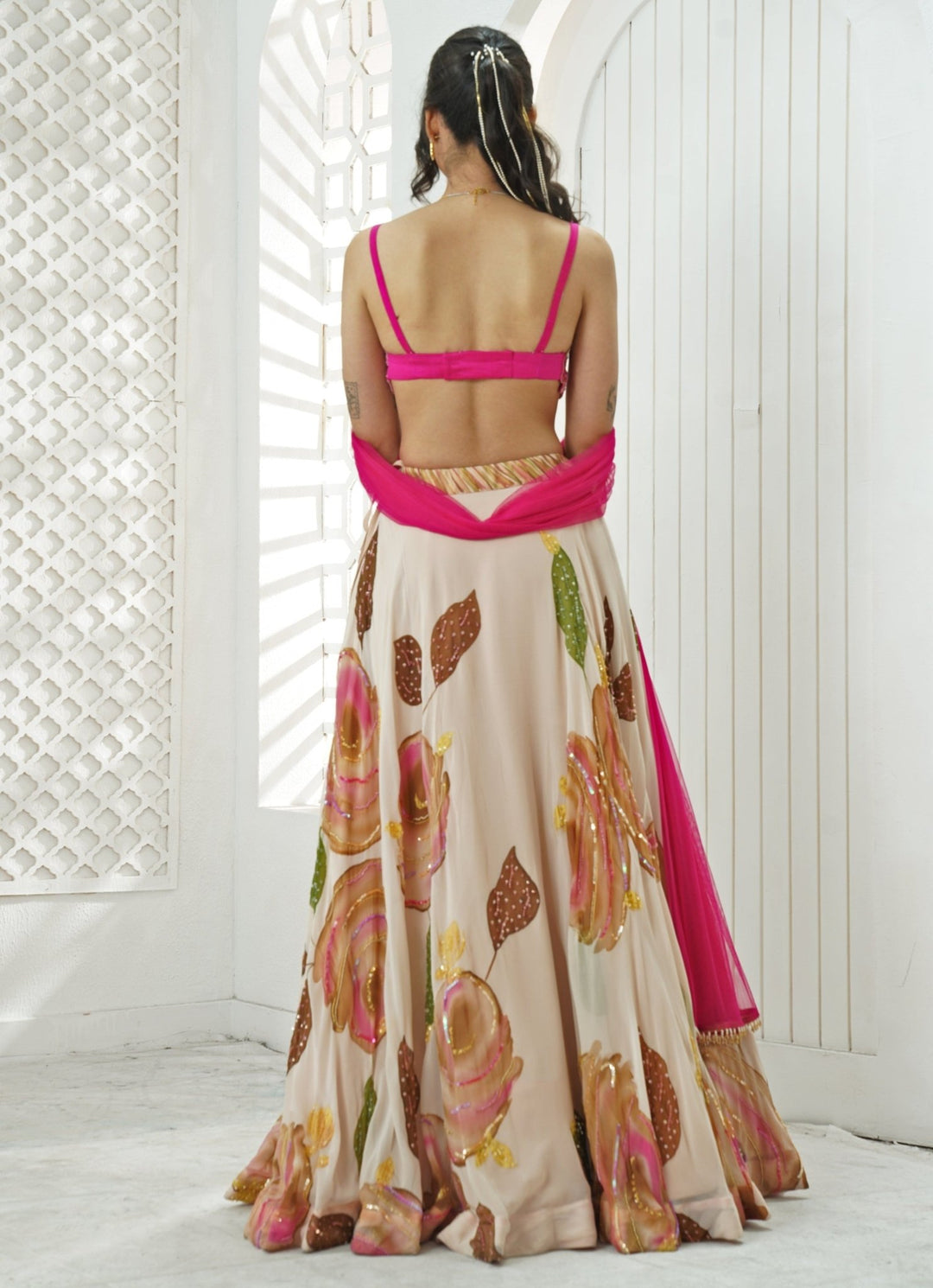 Pastel Pink Hand Painted Georgette Lehenga Set With Bralette Priti Sahni - Fabilicious Fashion