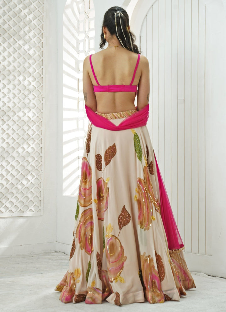 Pastel Pink Hand Painted Georgette Lehenga Set With Bralette Priti Sahni - Fabilicious Fashion