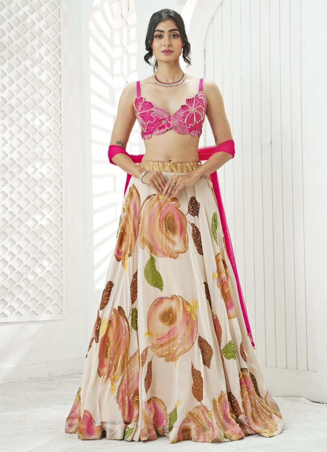 Pastel Pink Hand Painted Georgette Lehenga Set With Bralette Priti Sahni - Fabilicious Fashion