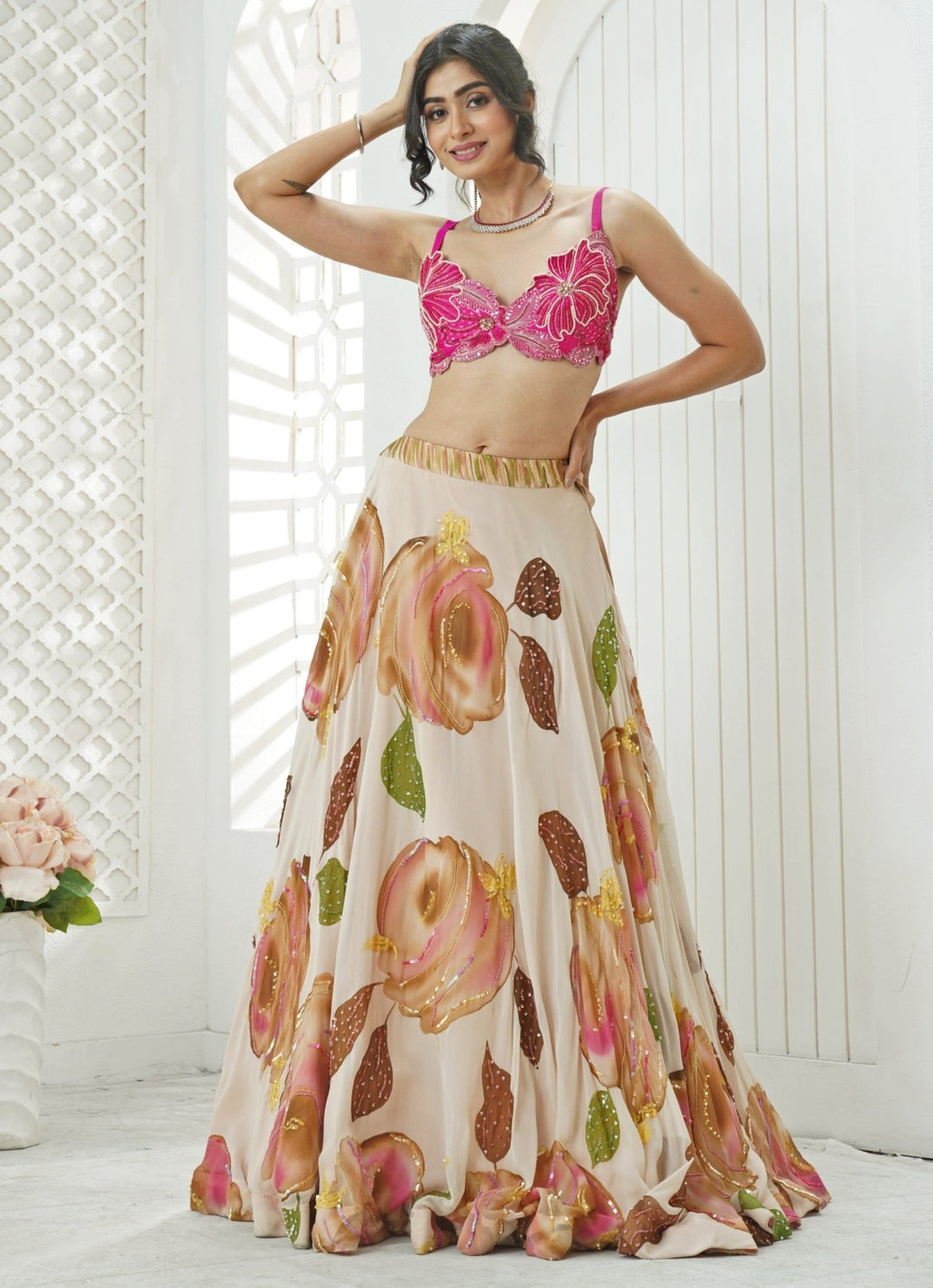 Pastel Pink Hand Painted Georgette Lehenga Set With Bralette Priti Sahni - Fabilicious Fashion