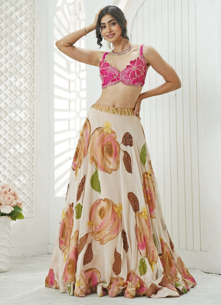 Pastel Pink Hand Painted Georgette Lehenga Set With Bralette Priti Sahni - Fabilicious Fashion
