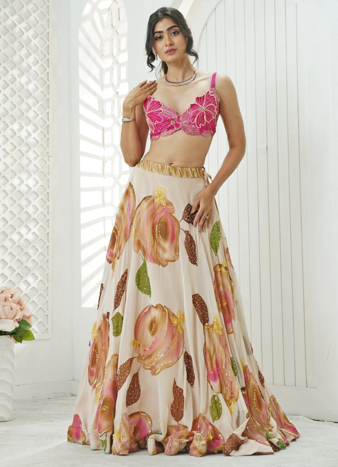Pastel Pink Hand Painted Georgette Lehenga Set With Bralette Priti Sahni - Fabilicious Fashion