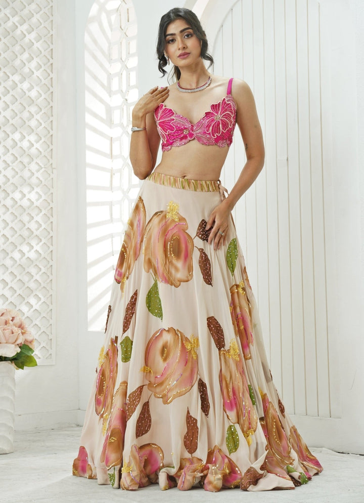 Pastel Pink Hand Painted Georgette Lehenga Set With Bralette Priti Sahni - Fabilicious Fashion