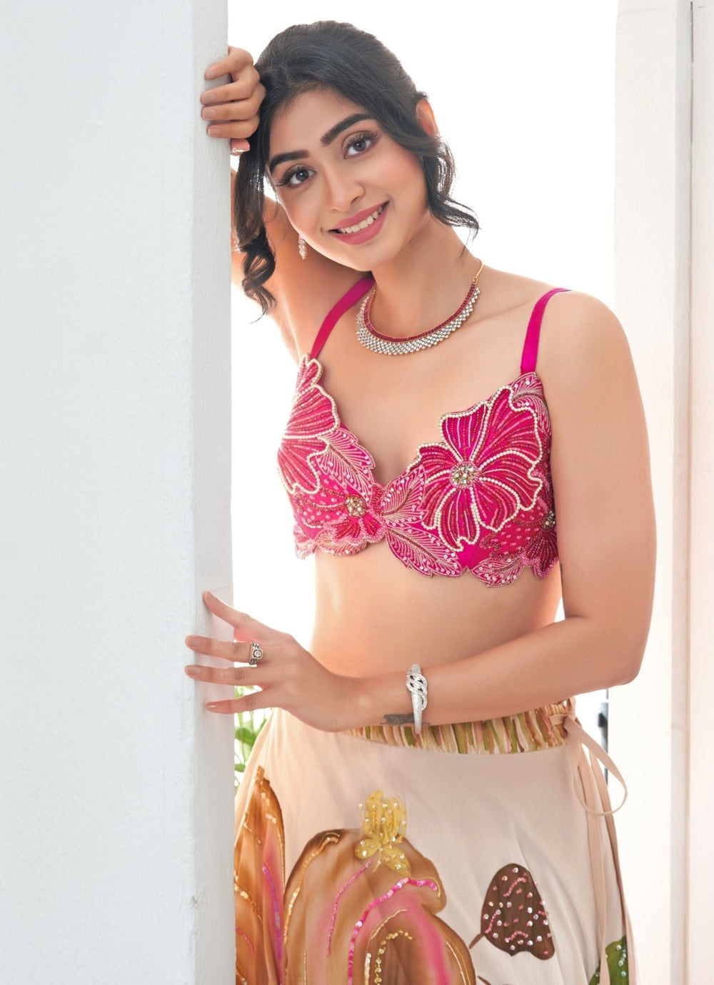 Pastel Pink Hand Painted Georgette Lehenga Set With Bralette Priti Sahni - Fabilicious Fashion