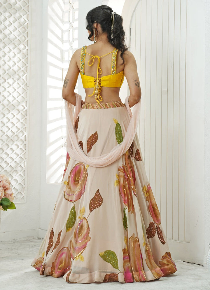 Pastel Pink Hand Painted Georgette Lehenga Set Priti Sahni - Fabilicious Fashion