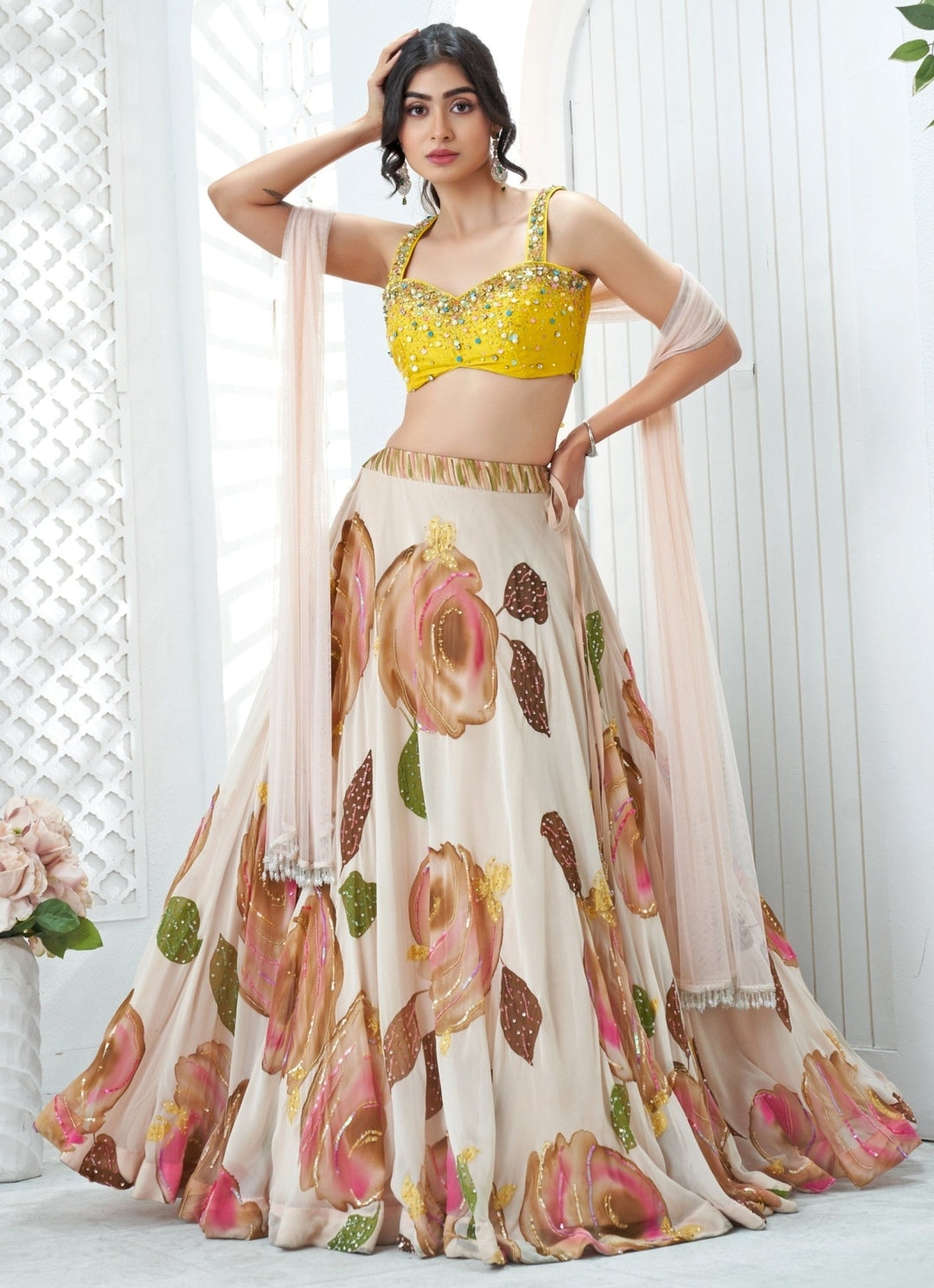 Pastel Pink Hand Painted Georgette Lehenga Set Priti Sahni - Fabilicious Fashion