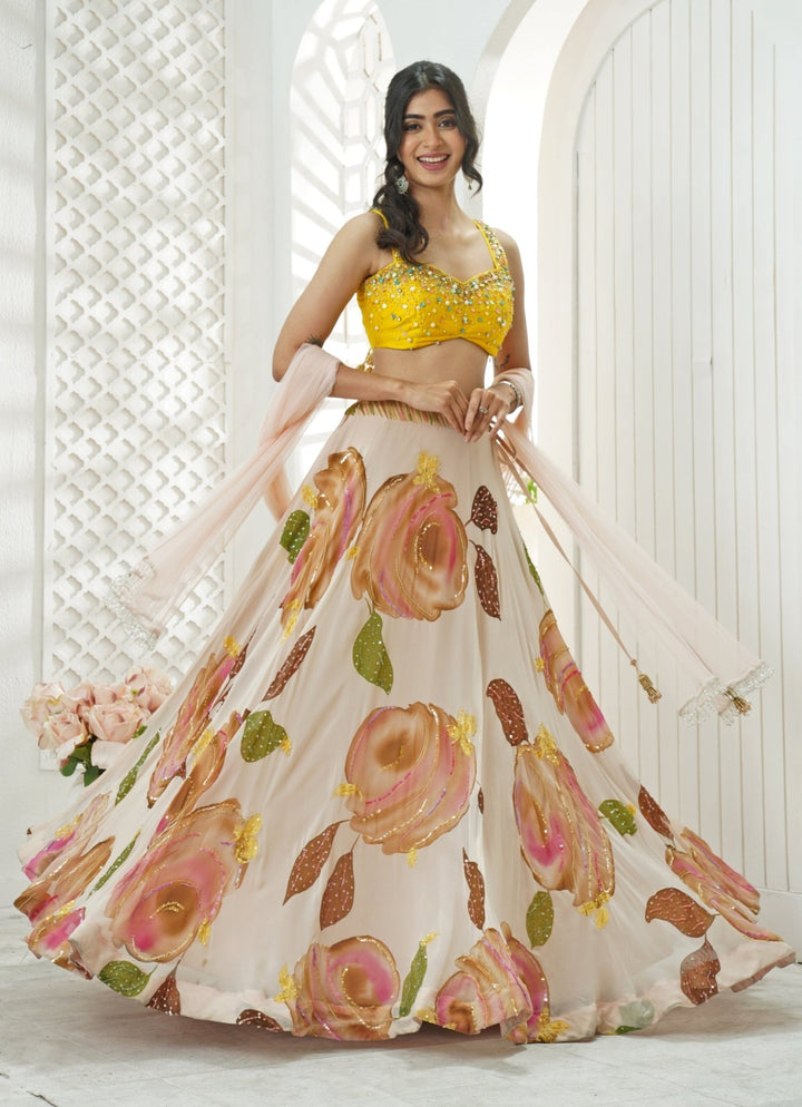 Pastel Pink Hand Painted Georgette Lehenga Set Priti Sahni - Fabilicious Fashion