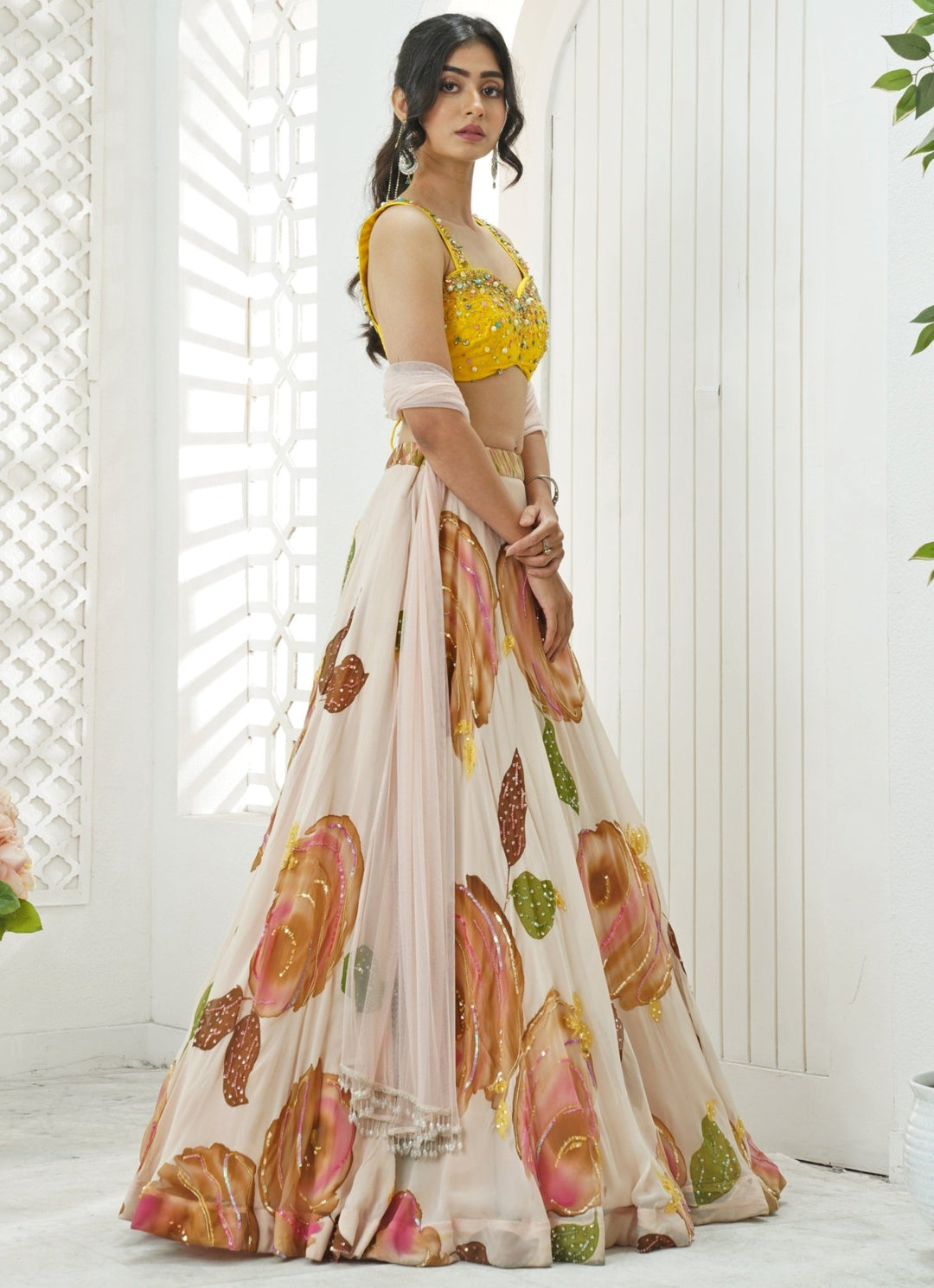 Pastel Pink Hand Painted Georgette Lehenga Set Priti Sahni - Fabilicious Fashion