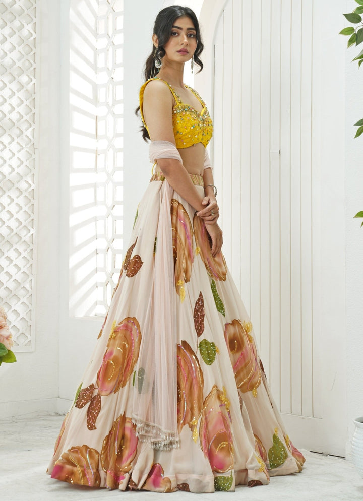 Pastel Pink Hand Painted Georgette Lehenga Set Priti Sahni - Fabilicious Fashion
