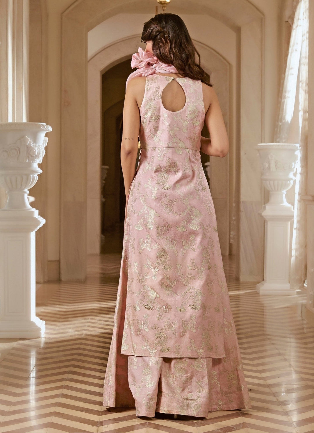 Pastel Pink Jacquard Kurta Pants Set Paulmi and Harsh - Fabilicious Fashion