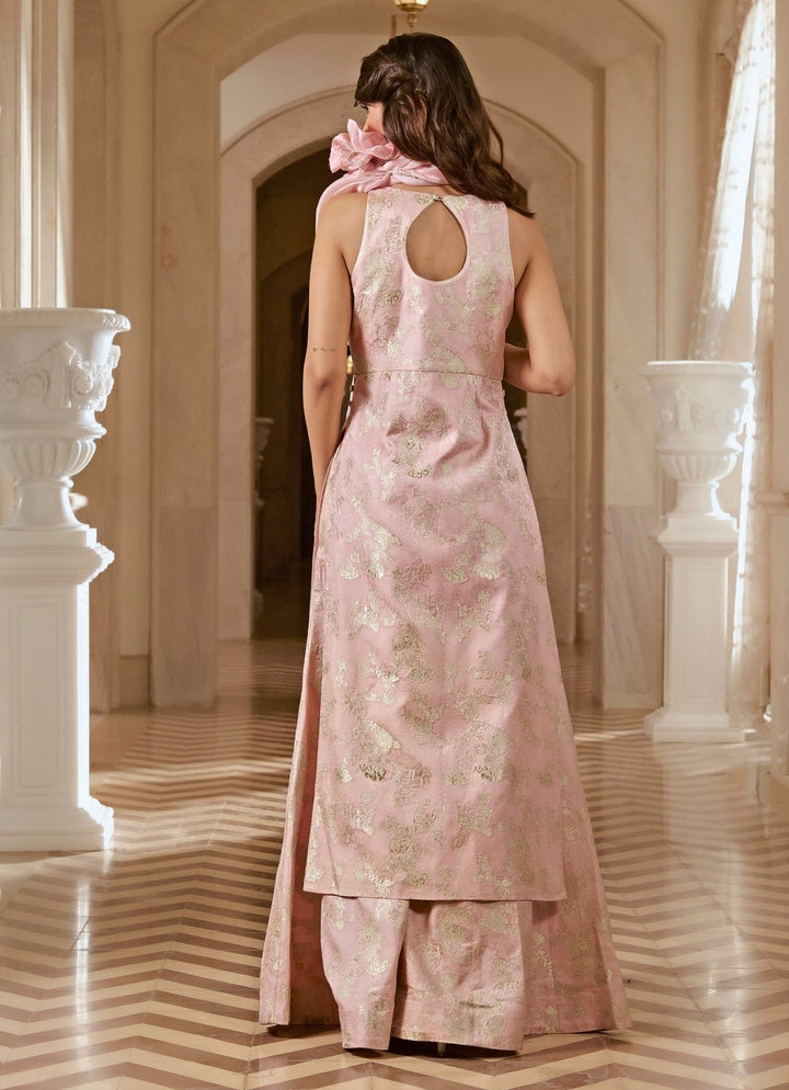 Pastel Pink Jacquard Kurta Pants Set Paulmi and Harsh - Fabilicious Fashion