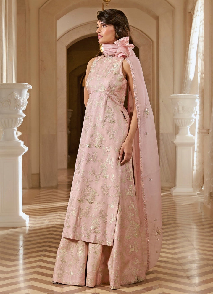 Pastel Pink Jacquard Kurta Pants Set Paulmi and Harsh - Fabilicious Fashion