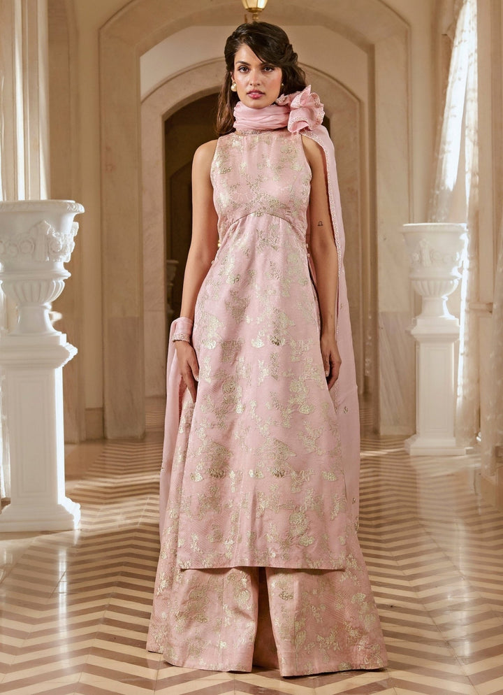 Pastel Pink Jacquard Kurta Pants Set Paulmi and Harsh - Fabilicious Fashion