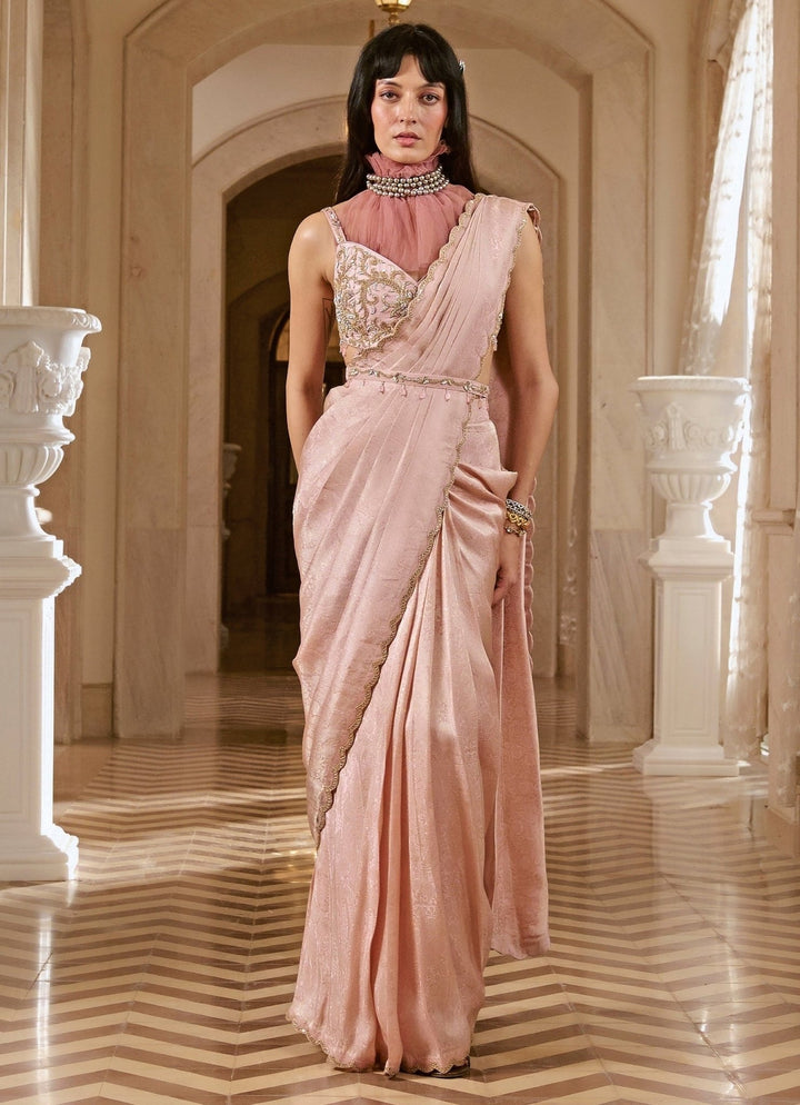 Pastel Pink Jacquard Pre - Draped Saree Set Paulmi and Harsh - Fabilicious Fashion