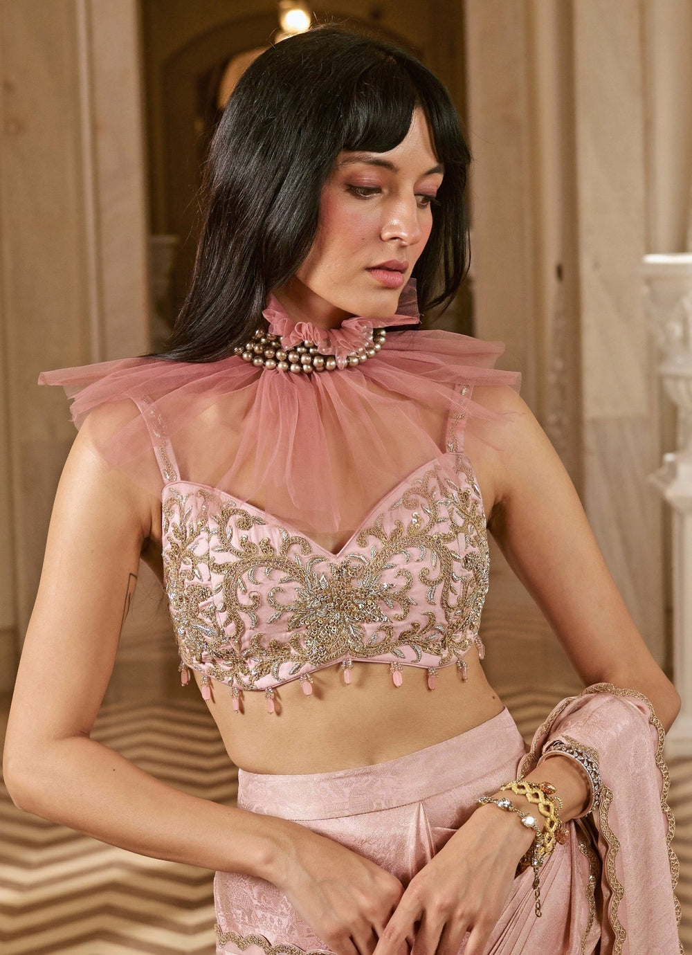 Pastel Pink Jacquard Pre - Draped Saree Set Paulmi and Harsh - Fabilicious Fashion