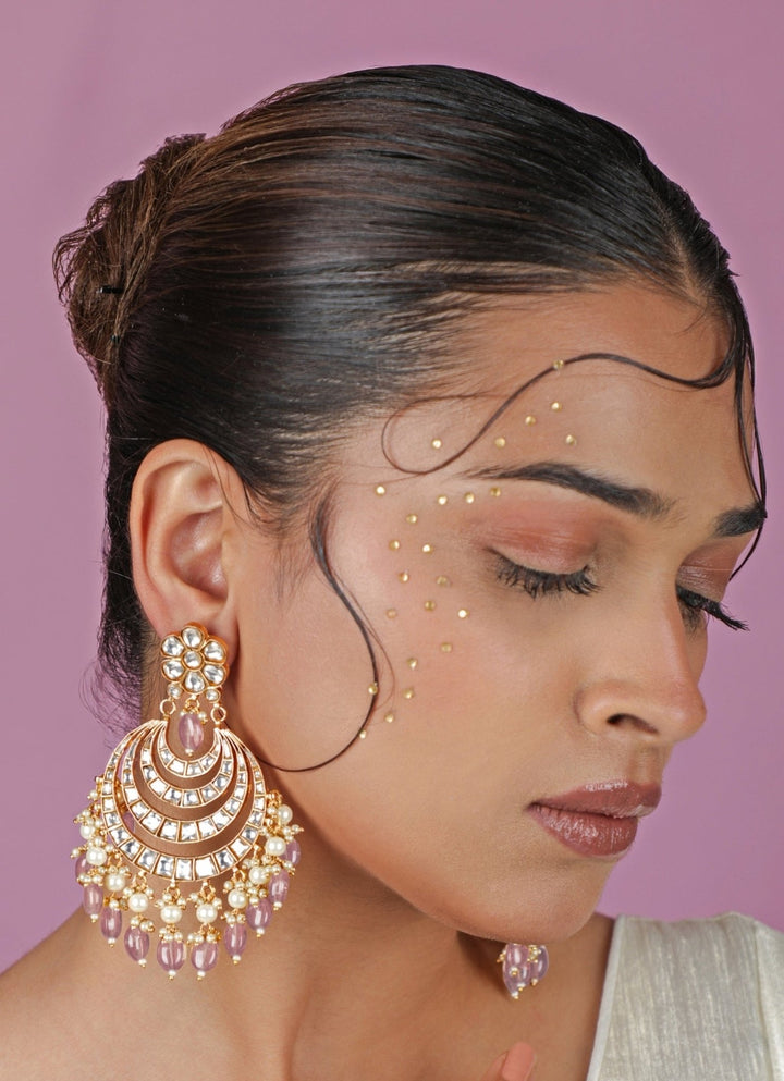 Pastel Pink Jadtar Matte Gold Chandbaali Earrings Riana Jewellery - Fabilicious Fashion