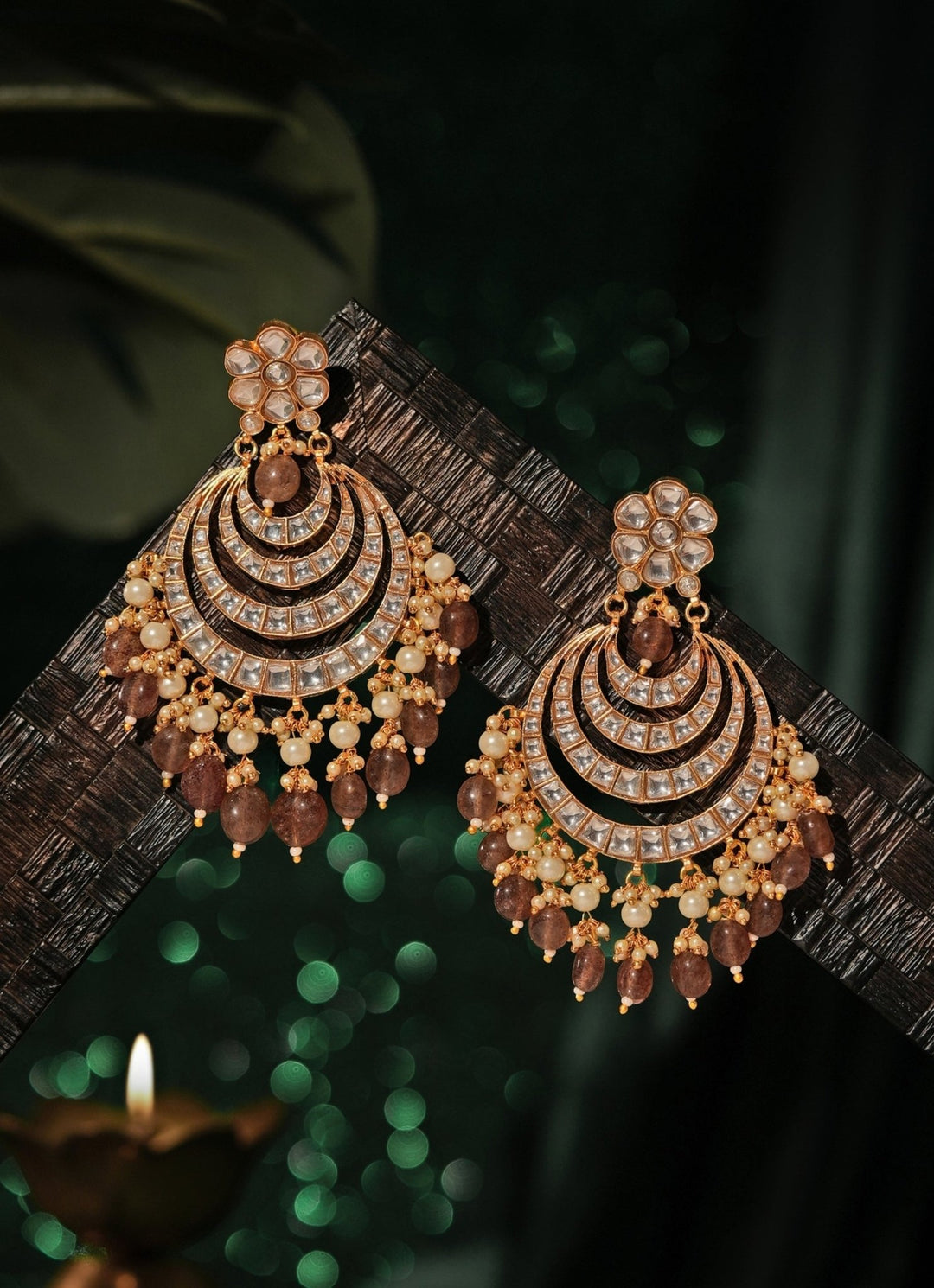 Pastel Pink Jadtar Matte Gold Chandbaali Earrings Riana Jewellery - Fabilicious Fashion