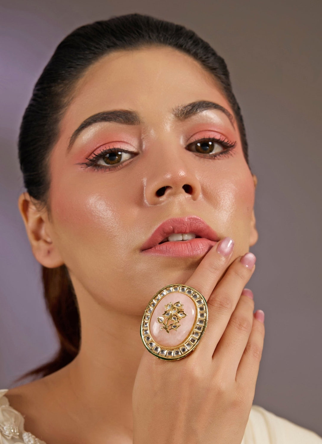 Pastel Pink Kundan Statement Ring Vivinia By Vidhi Mehra - Fabilicious Fashion