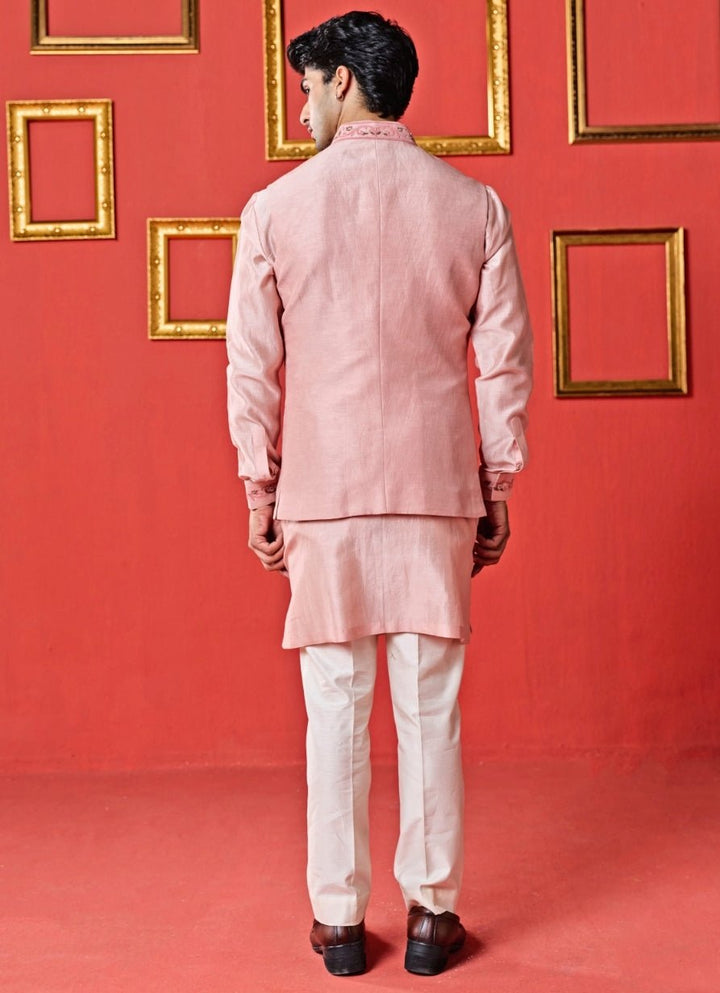 Studio Bagechaa - Men Pastel Pink Linen Satin Nehru Jacket SetFabilicious Fashion