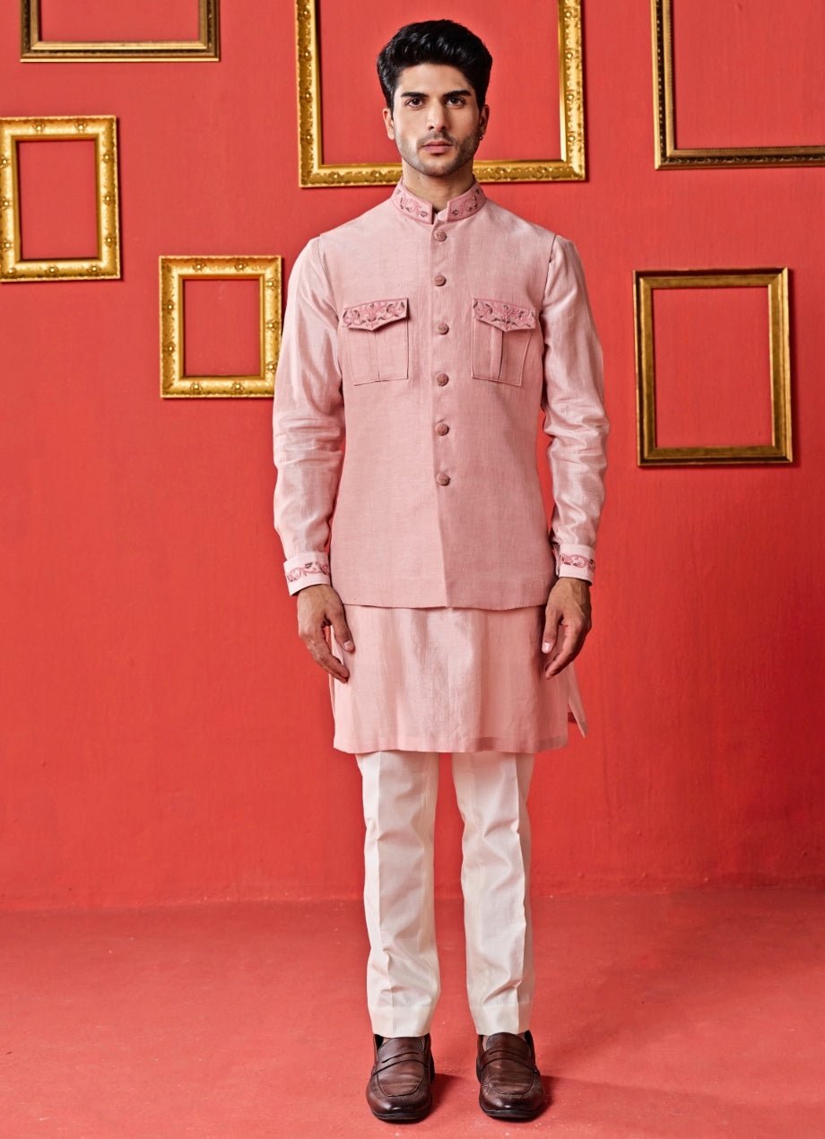 Studio Bagechaa - Men Pastel Pink Linen Satin Nehru Jacket SetFabilicious Fashion