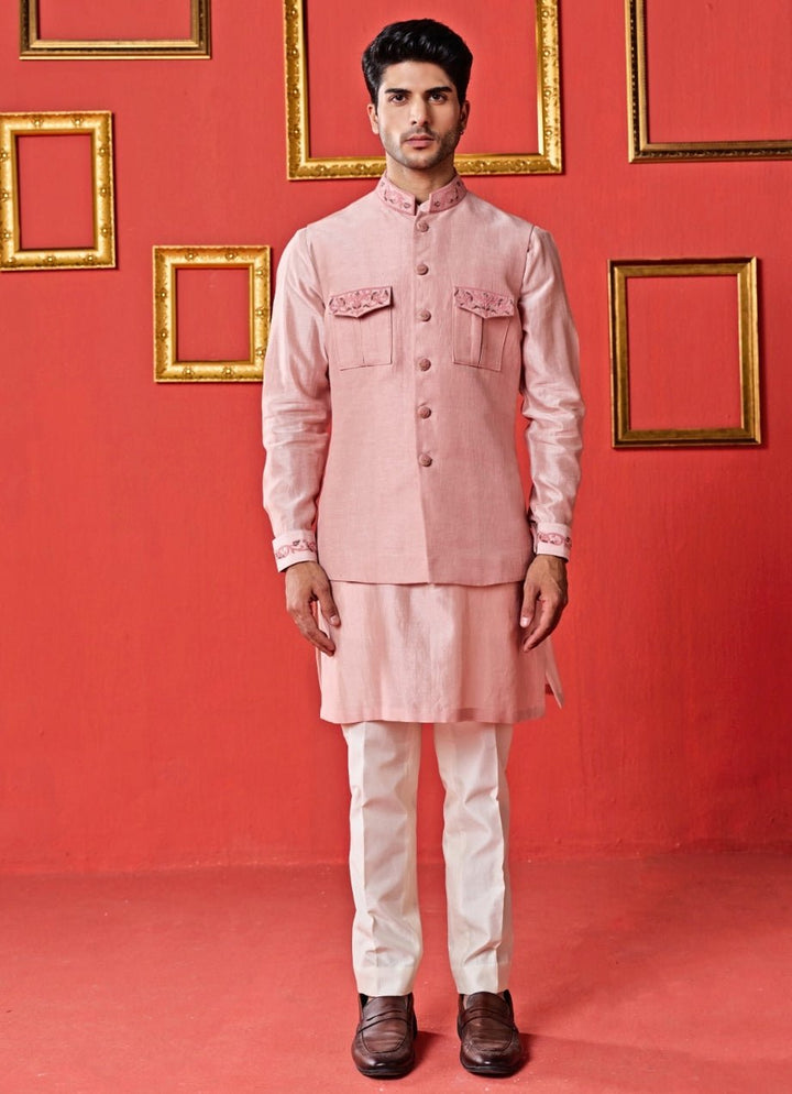 Studio Bagechaa - Men Pastel Pink Linen Satin Nehru Jacket SetFabilicious Fashion