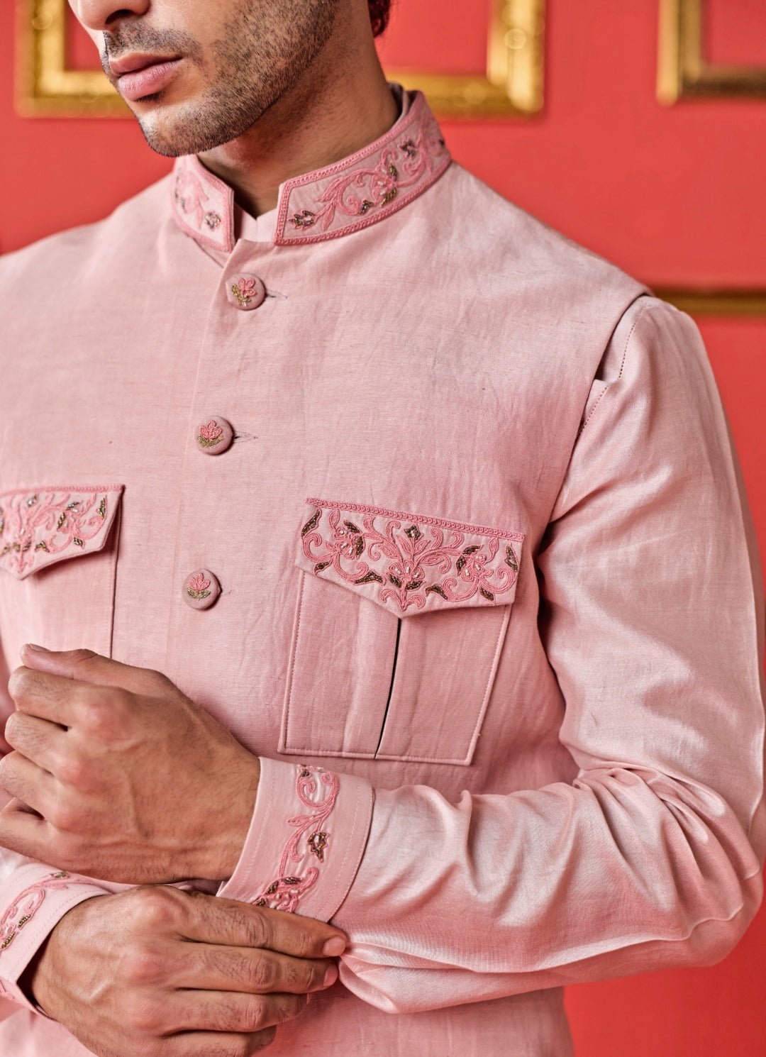 Studio Bagechaa - Men Pastel Pink Linen Satin Nehru Jacket SetFabilicious Fashion