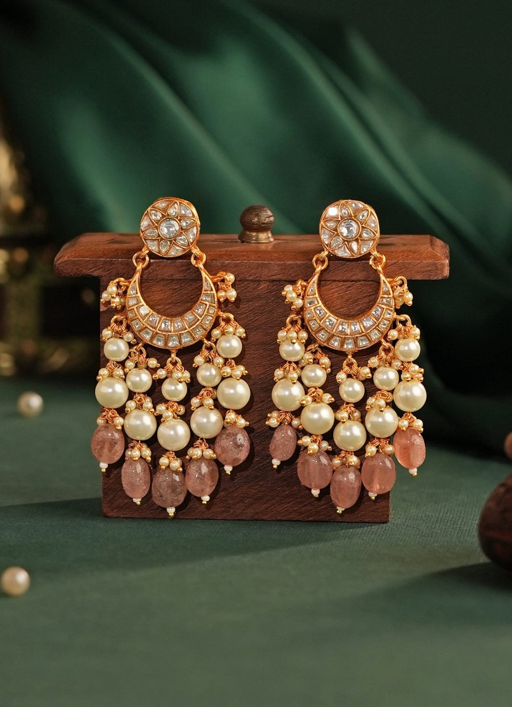 Pastel Pink Matte Gold Chandbaali Earrings Riana Jewellery - Fabilicious Fashion