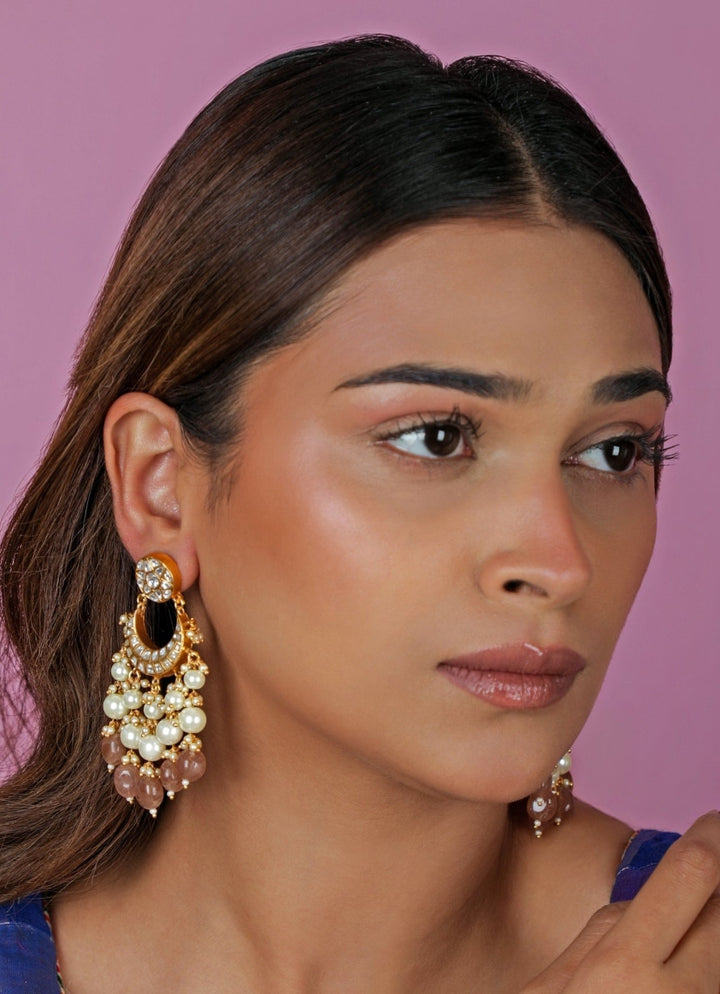 Pastel Pink Matte Gold Chandbaali Earrings Riana Jewellery - Fabilicious Fashion