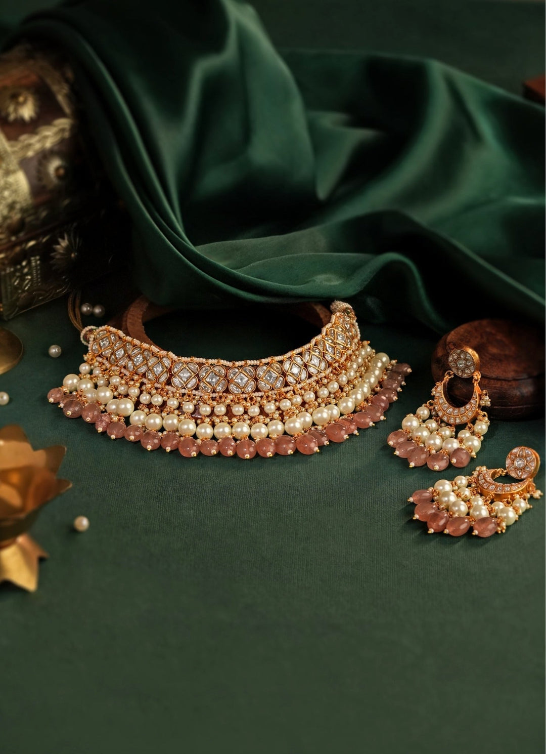 Pastel Pink Matte Gold Choker Set Riana Jewellery - Fabilicious Fashion