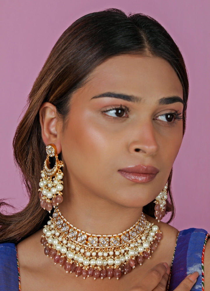 Pastel Pink Matte Gold Choker Set Riana Jewellery - Fabilicious Fashion
