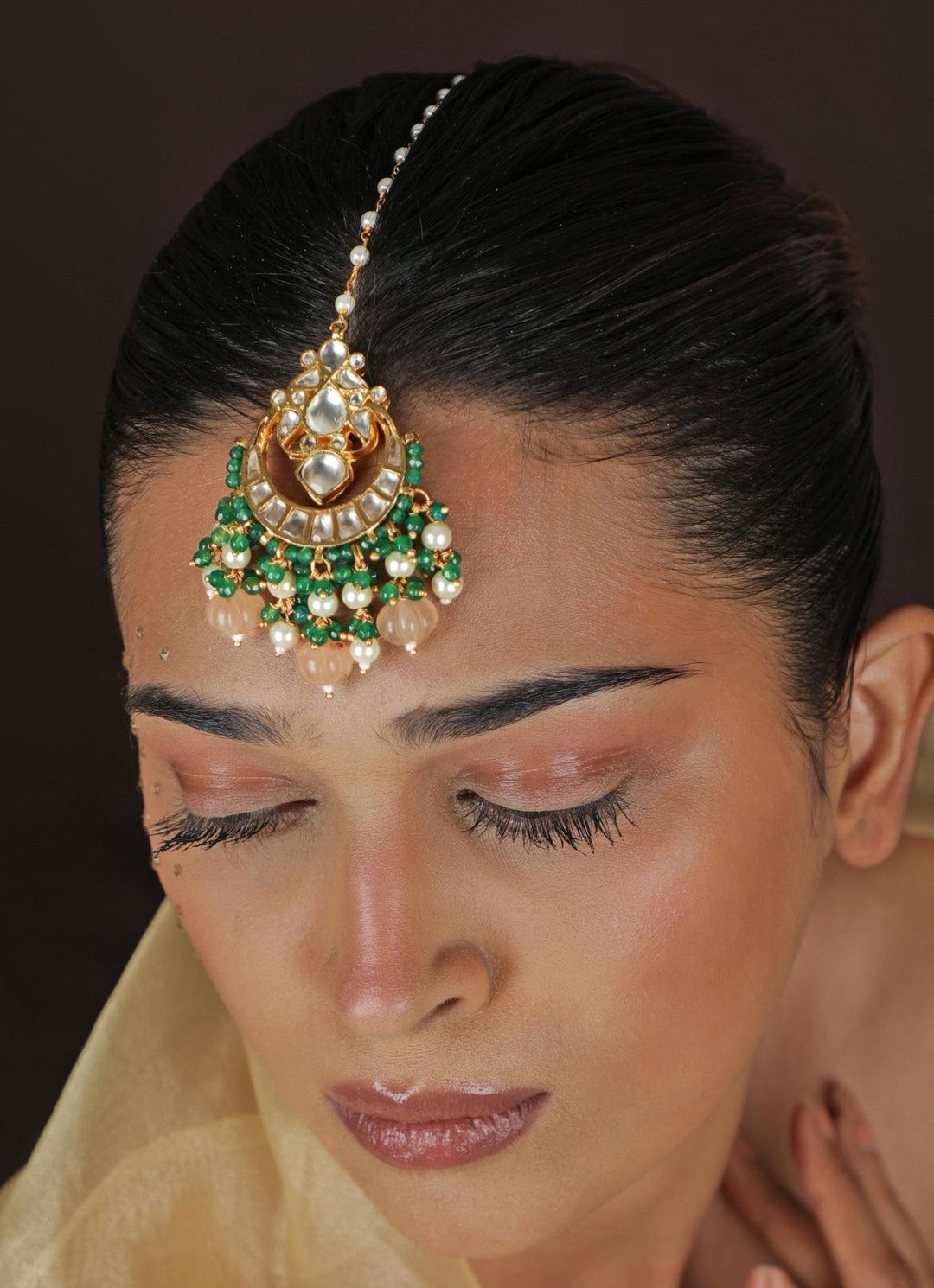 Pastel Pink Matte Gold Maangtikka Riana Jewellery - Fabilicious Fashion