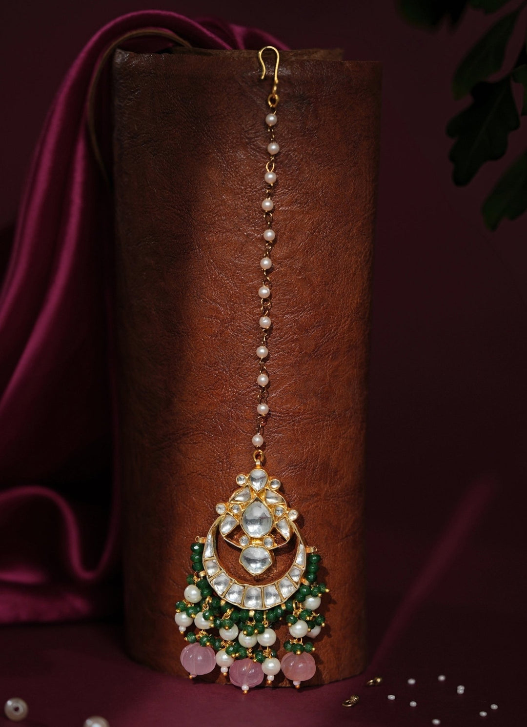 Pastel Pink Matte Gold Maangtikka Riana Jewellery - Fabilicious Fashion