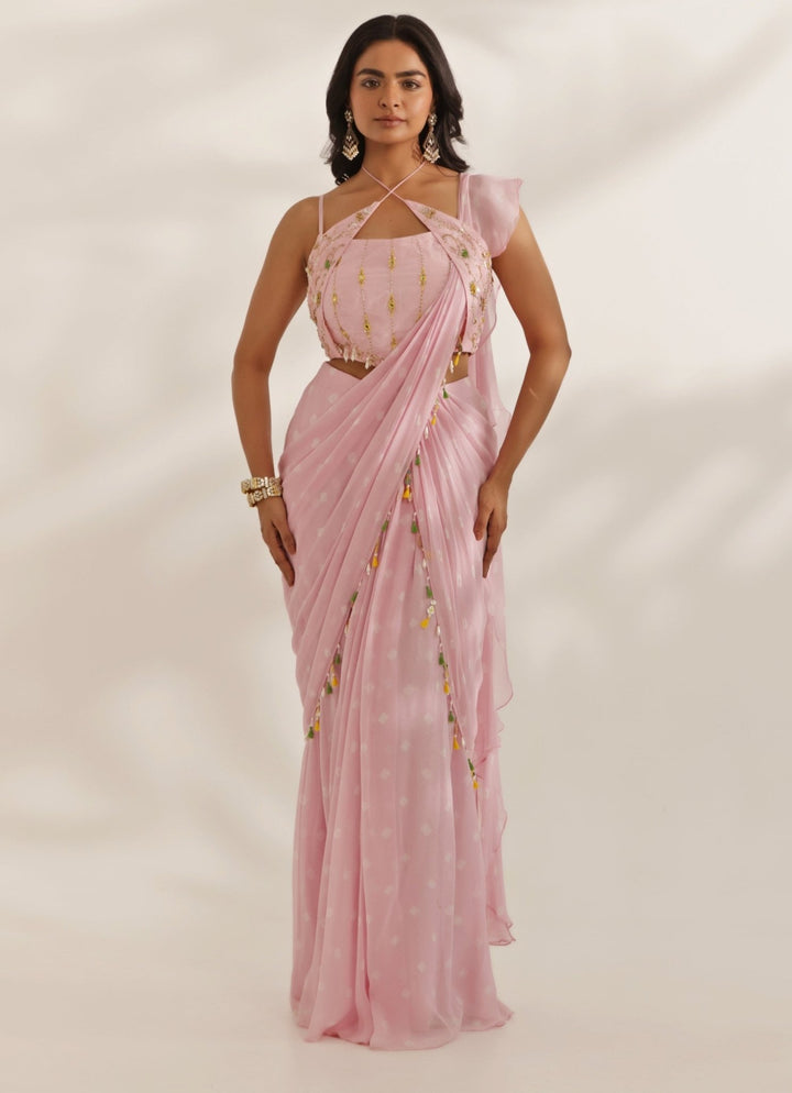 Pastel Pink Mirrorwork Bandhani Predraped Saree With Halter Blouse Manisha Soni - Fabilicious Fashion