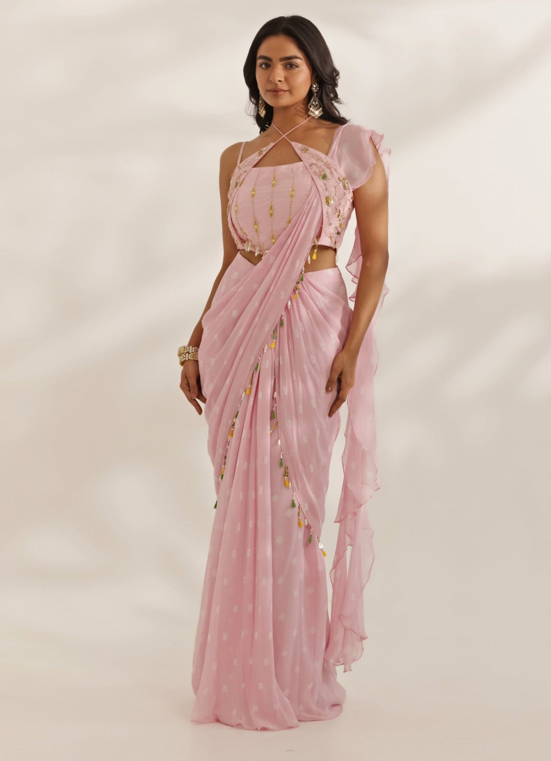 Pastel Pink Mirrorwork Bandhani Predraped Saree With Halter Blouse Manisha Soni - Fabilicious Fashion