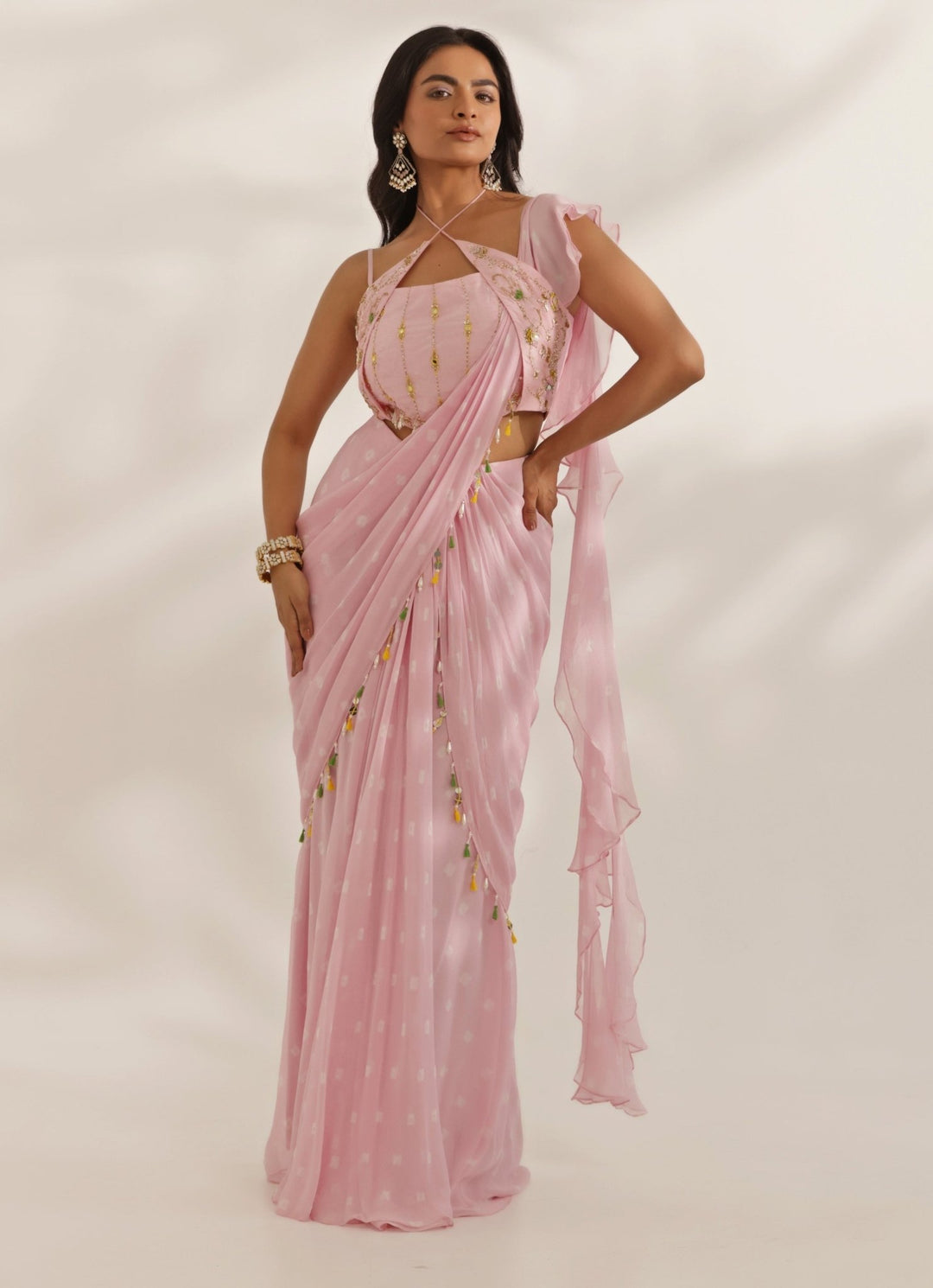 Pastel Pink Mirrorwork Bandhani Predraped Saree With Halter Blouse Manisha Soni - Fabilicious Fashion