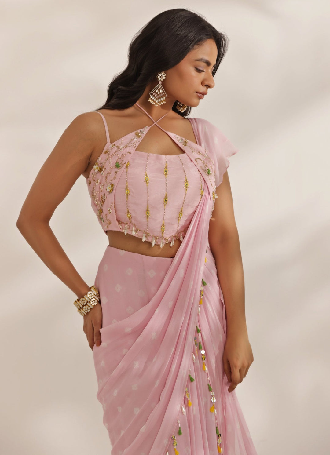 Pastel Pink Mirrorwork Bandhani Predraped Saree With Halter Blouse Manisha Soni - Fabilicious Fashion