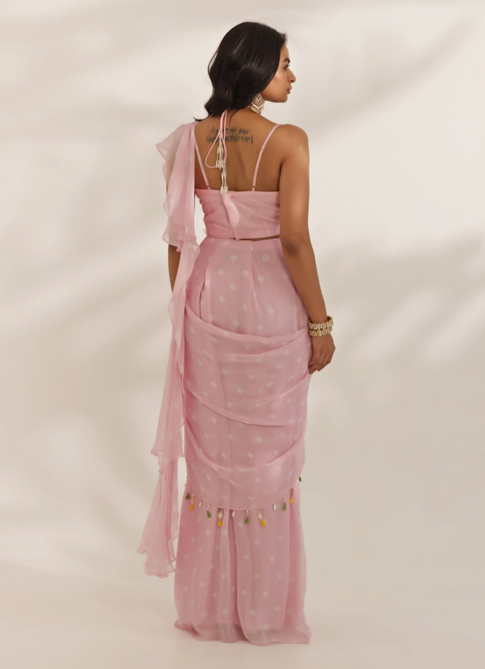 Pastel Pink Mirrorwork Bandhani Predraped Saree With Halter Blouse Manisha Soni - Fabilicious Fashion