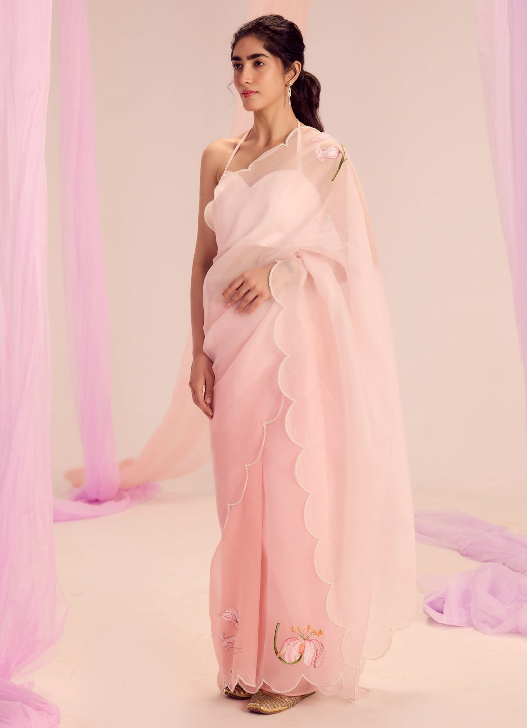 Pastel Pink Ombre Pure Silk Organza Saree Kapardara - Fabilicious Fashion