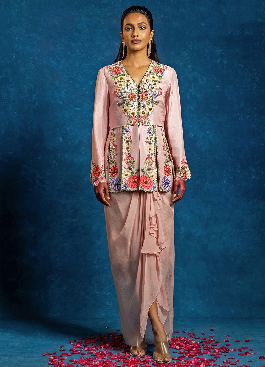 Pastel Pink Organza Drape Skirt Set With Peplum Top Soup by Sougat Paul - Fabilicious Fashion