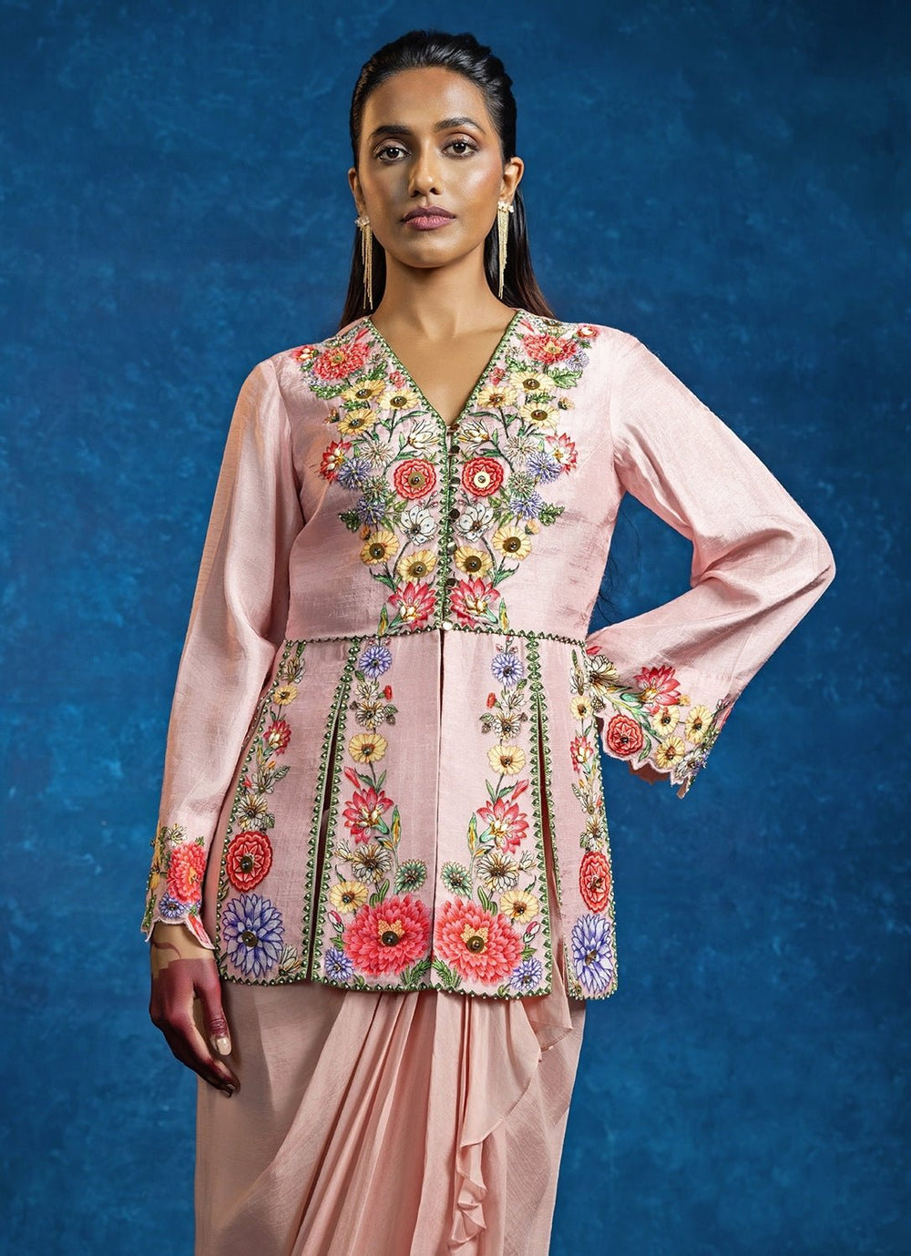 Pastel Pink Organza Drape Skirt Set With Peplum Top Soup by Sougat Paul - Fabilicious Fashion