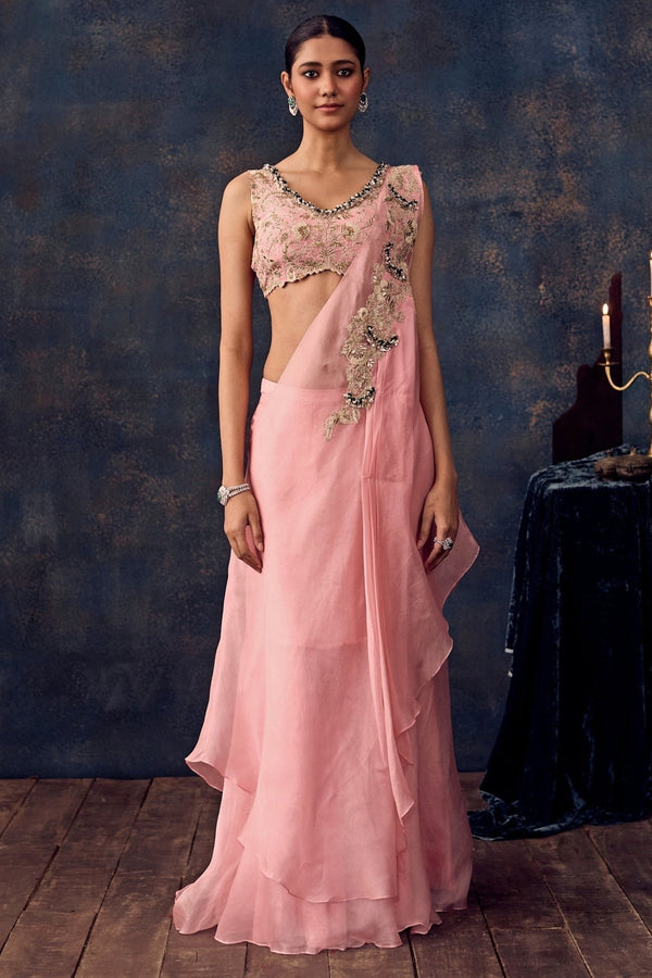 Pastel pink organza pre-draped concept saree by Prisho