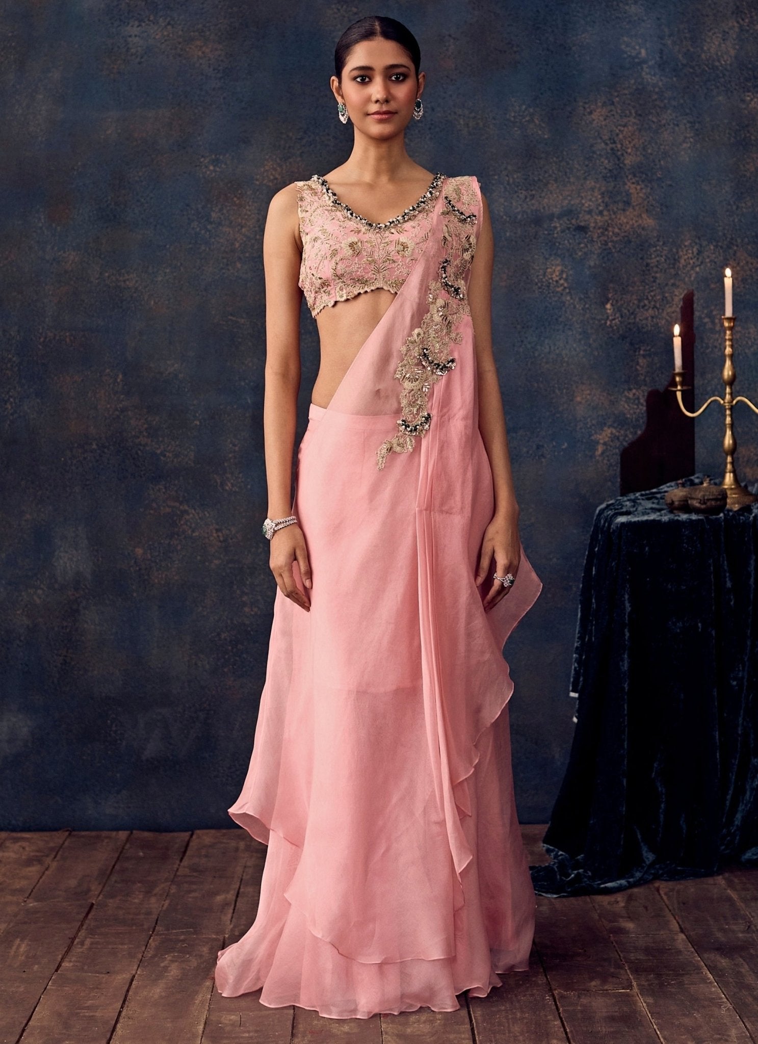 Pastel pink organza pre-draped concept saree by Prisho — daytime saree for Indian wedding guest