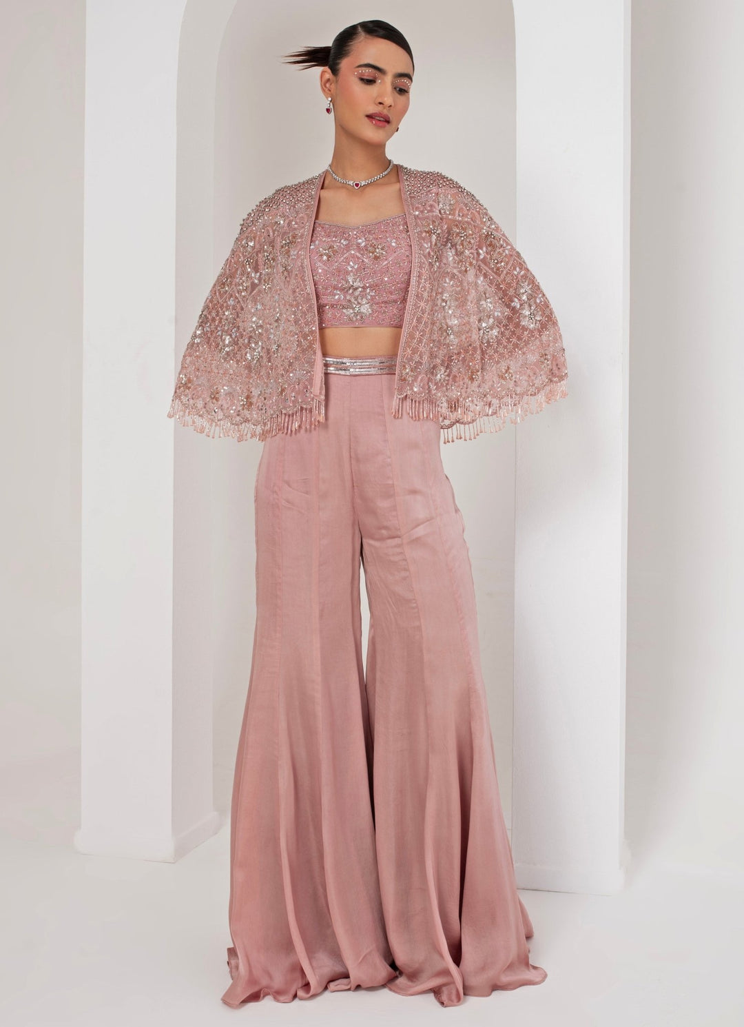 Pastel Pink Pant and Embroidered Cape Akara - Fabilicious Fashion