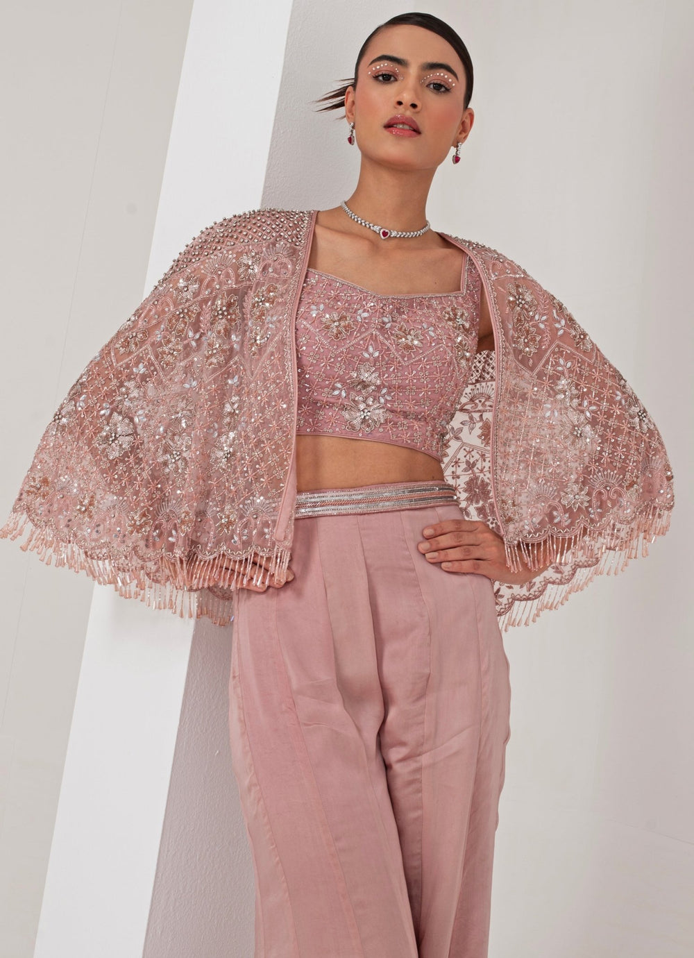 Pastel Pink Pant and Embroidered Cape Akara - Fabilicious Fashion