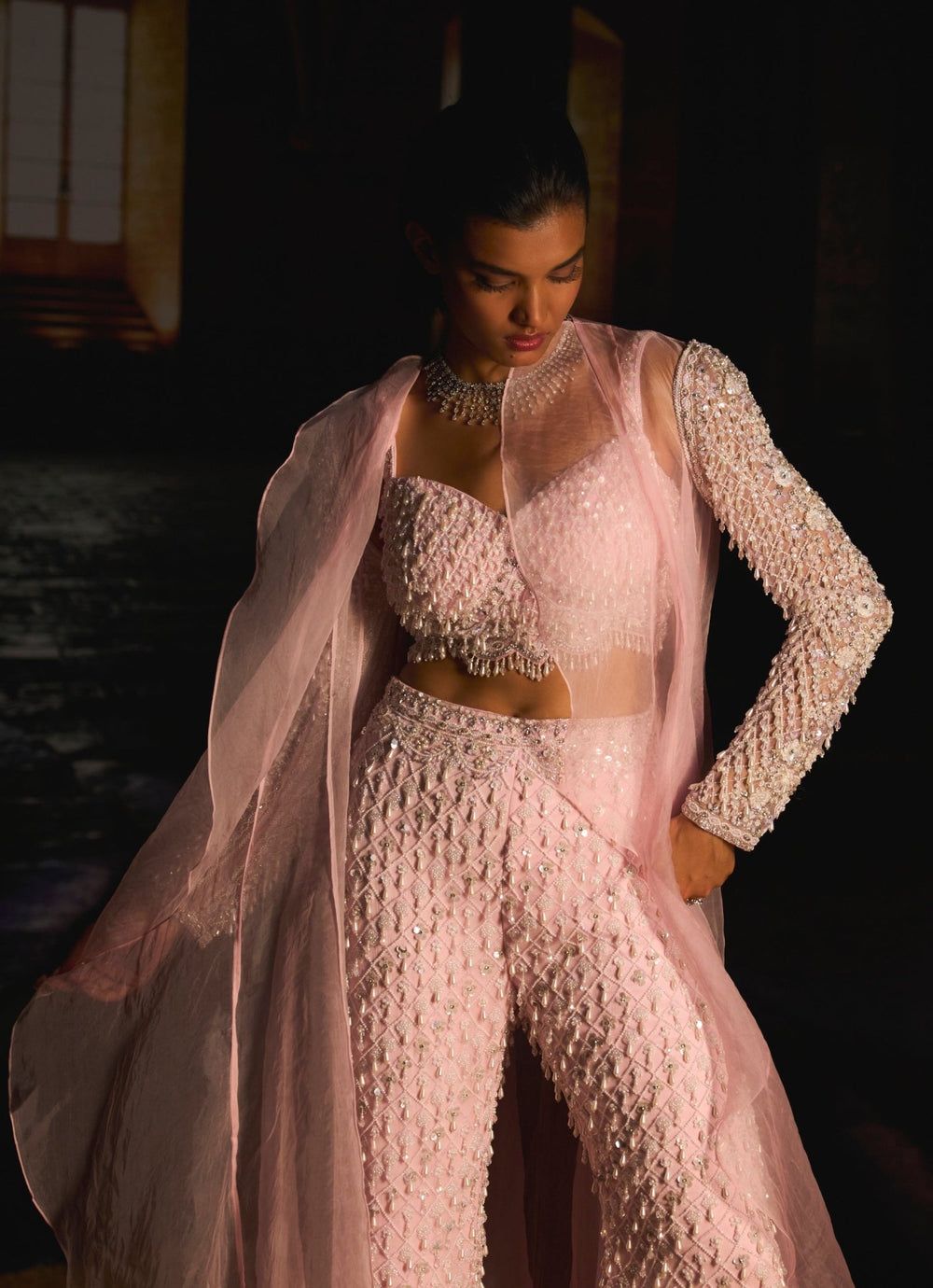 Pastel Pink Pearl Embroidered Jacket Kurta And Sharara Set Mani Bhatia - Fabilicious Fashion
