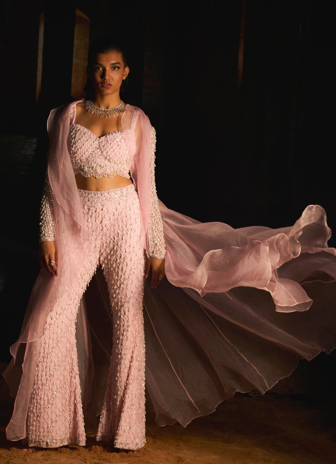 Pastel Pink Pearl Embroidered Jacket Kurta And Sharara Set Mani Bhatia - Fabilicious Fashion