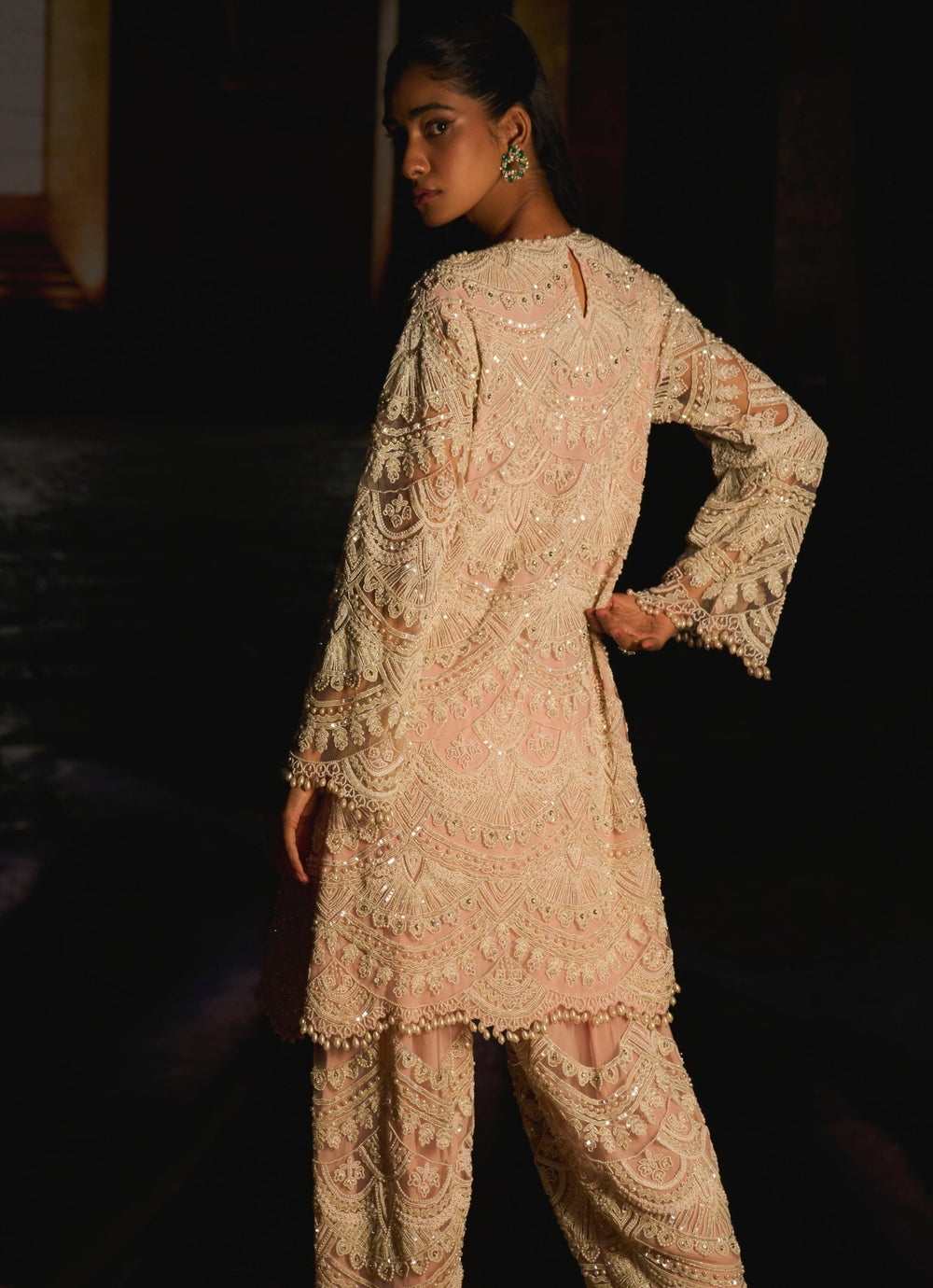 Pastel Pink Pearl Embroidered Salwar Kurta Set Mani Bhatia - Fabilicious Fashion