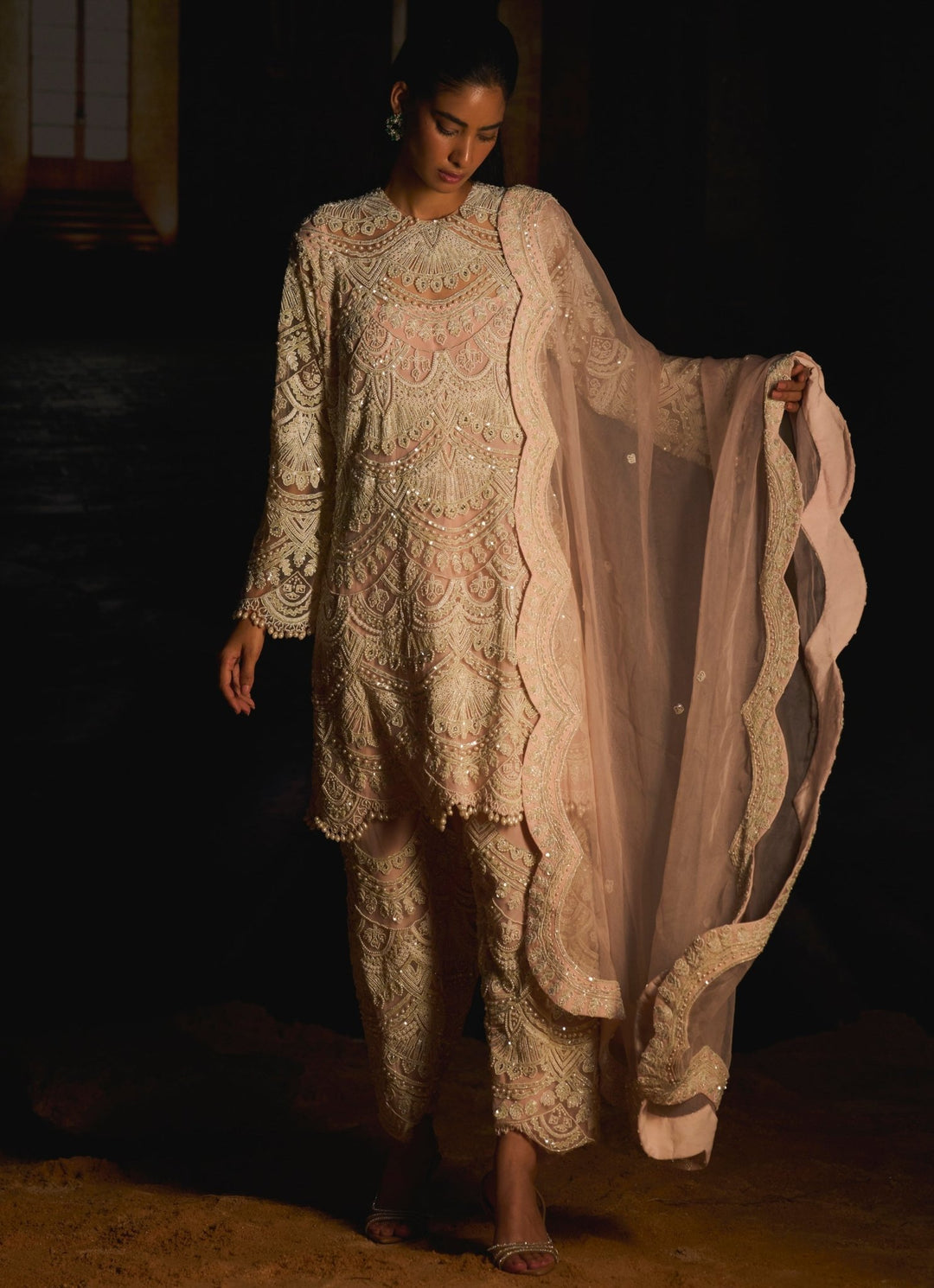 Pastel Pink Pearl Embroidered Salwar Kurta Set Mani Bhatia - Fabilicious Fashion