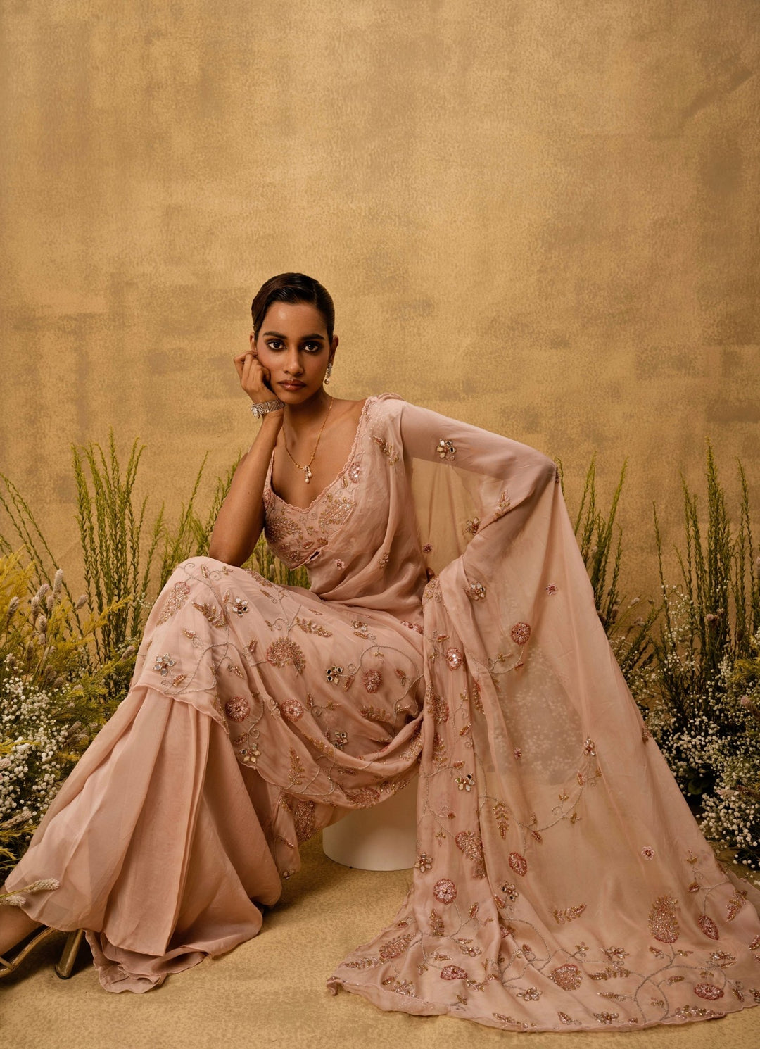 Quench A Thirst Pastel Pink Predraped Organza SareeFabilicious Fashion