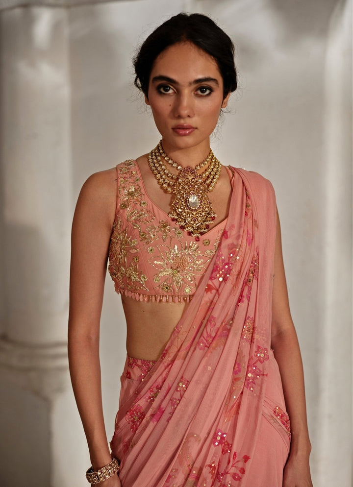 Pastel Pink Printed Chiffon Pre - Draped Saree Paulmi and Harsh - Fabilicious Fashion